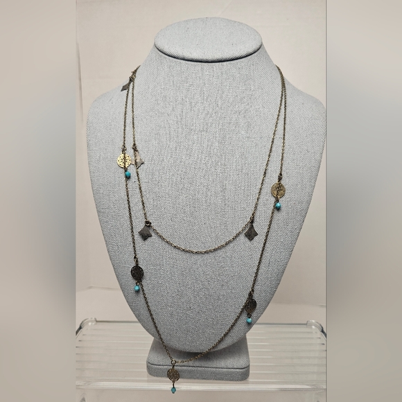 [AEO] Vintage Necklace Aged Gold Tone Turquoise Multi Layer - Picture 1 of 14
